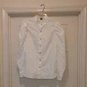 SHEIN White Casual Button Down Shirt with Puff Sleeves